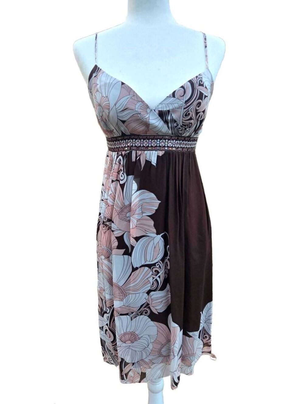 Vintage Muse Brown Floral Midi Dress Whimsigoth Y2K Boho Indie Slip Size 8